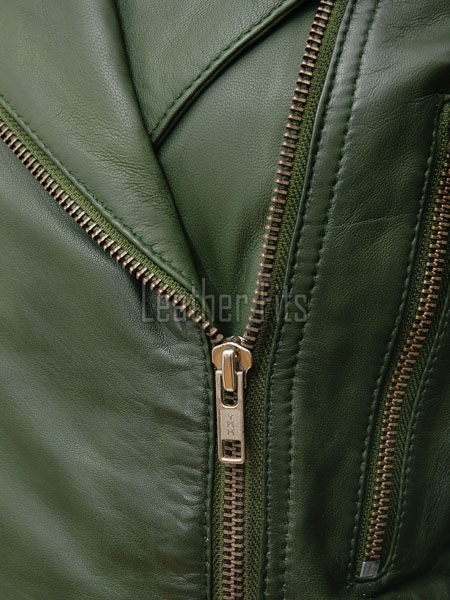 Women's Opulent Green Leather Biker Jacket - Slim Fit Asymmetric Genuine Lambskin Motorcycle Classic Longline Belted Moto Coat
