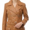 Women's Pristine Tan Leather Biker Jacket - Slim Fit Asymmetric Genuine Cowhide Motorcycle Classic Longline Belted Moto Coat