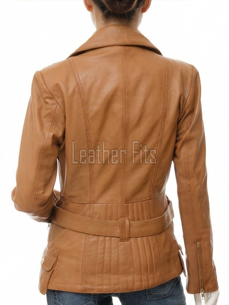 Women's Pristine Tan Leather Biker Jacket - Slim Fit Asymmetric Genuine Cowhide Motorcycle Classic Longline Belted Moto Coat