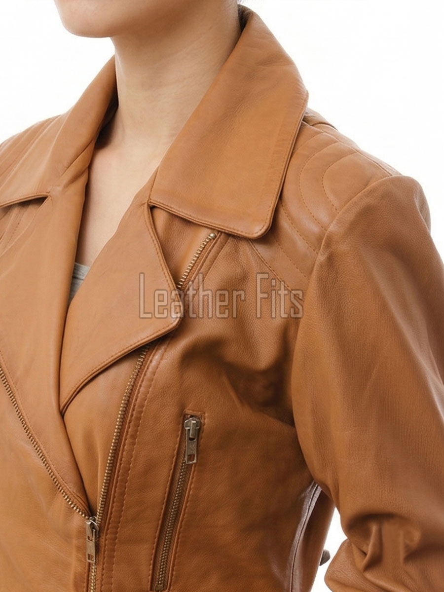 Women's Pristine Tan Leather Biker Jacket - Slim Fit Asymmetric Genuine Cowhide Motorcycle Classic Longline Belted Moto Coat