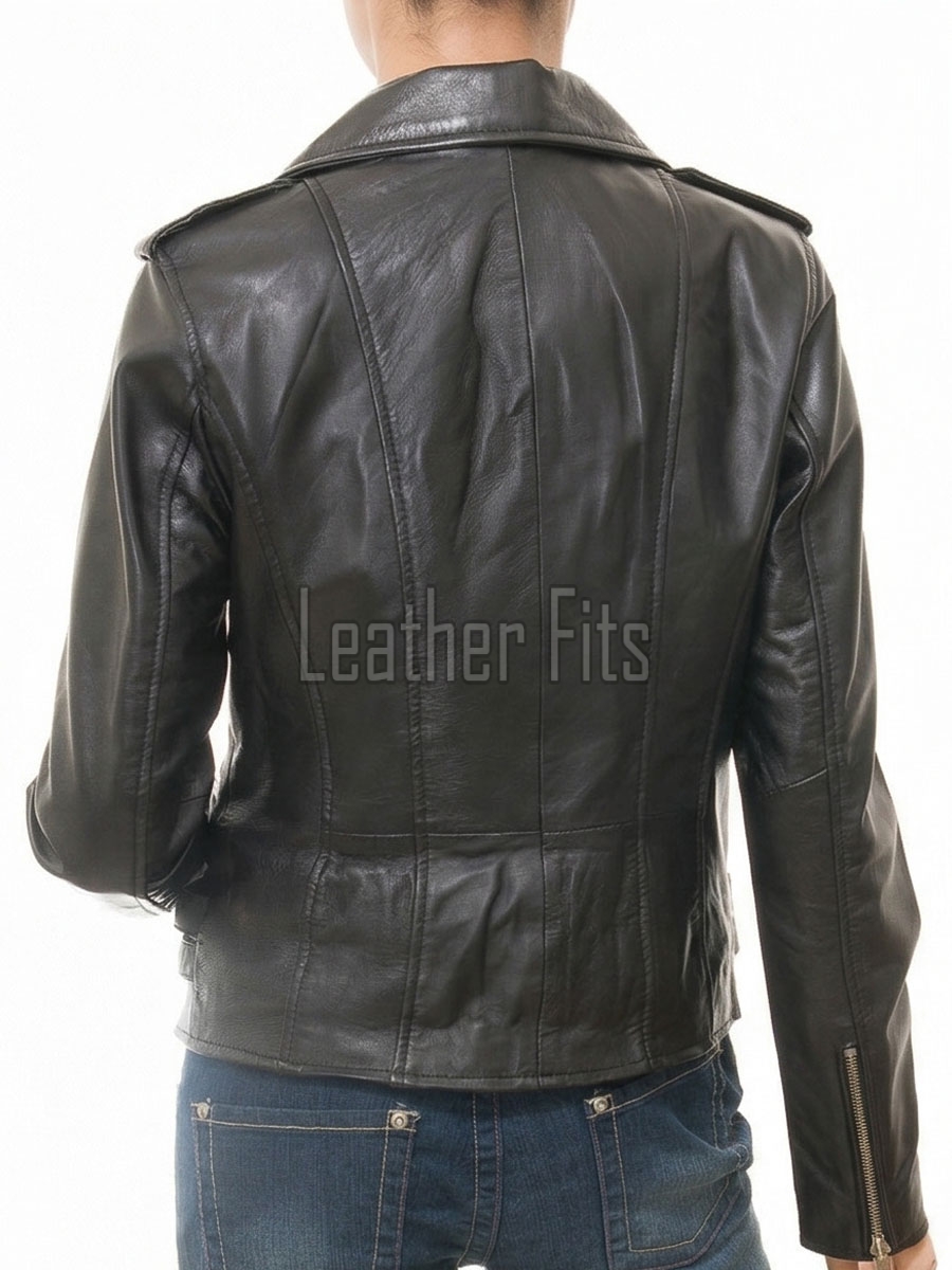 Women's Sumptuous Black Leather Biker Jacket - Slim Fit Asymmetric Genuine Lambskin Motorcycle Classic Cropped Buckle Moto Coat
