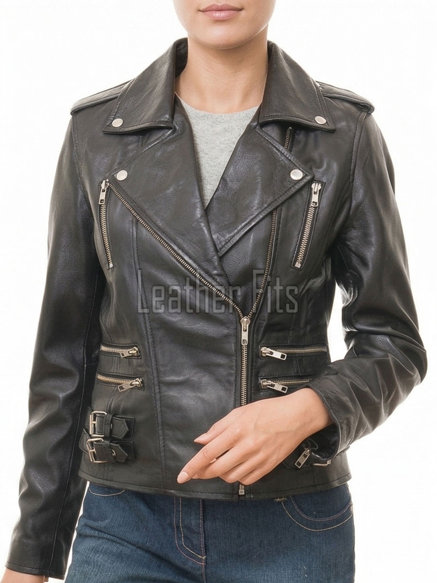 Women's Sumptuous Black Leather Biker Jacket - Slim Fit Asymmetric Genuine Lambskin Motorcycle Classic Cropped Buckle Moto Coat