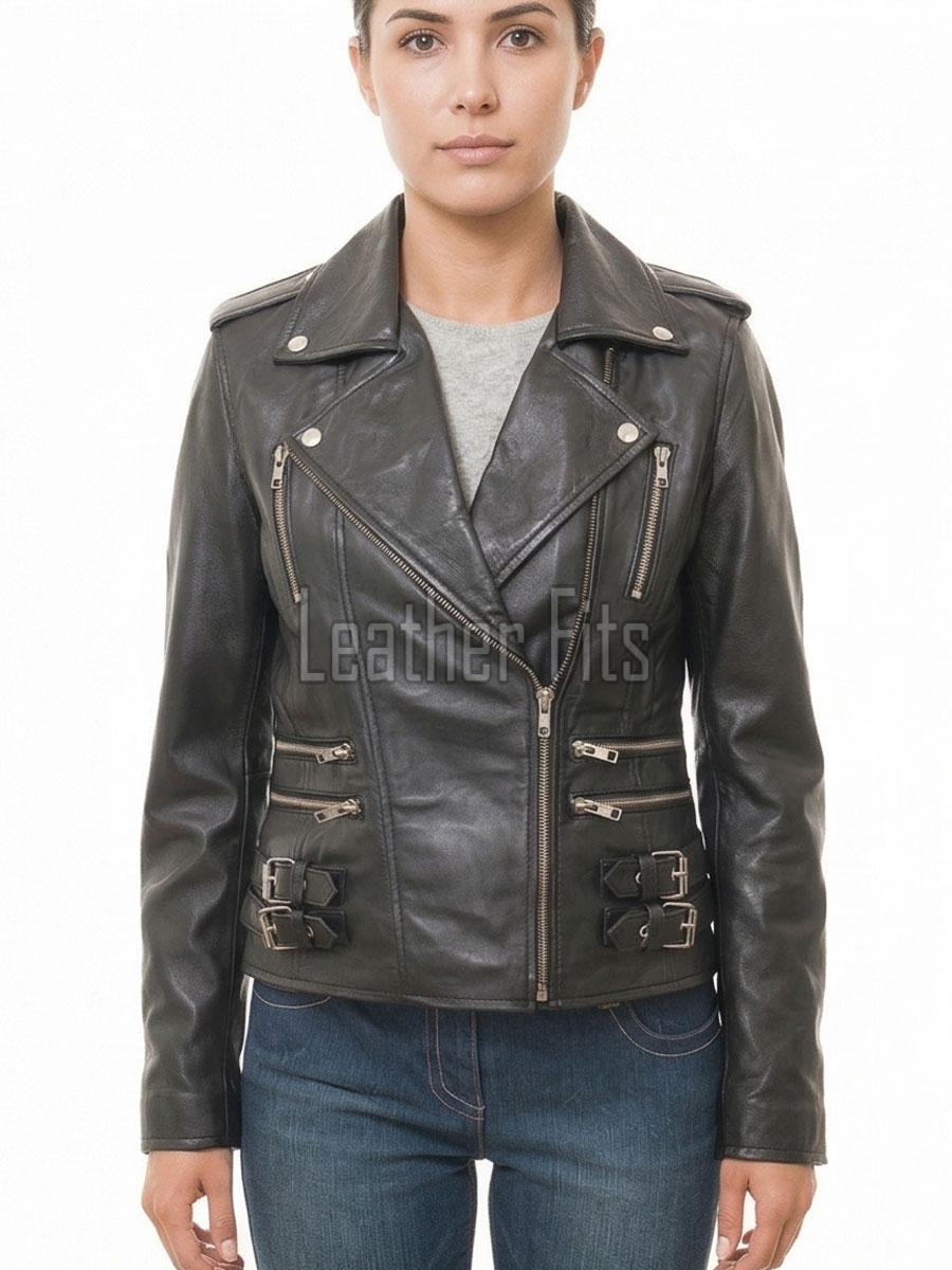 Women's Sumptuous Black Leather Biker Jacket - Slim Fit Asymmetric Genuine Lambskin Motorcycle Classic Cropped Buckle Moto Coat