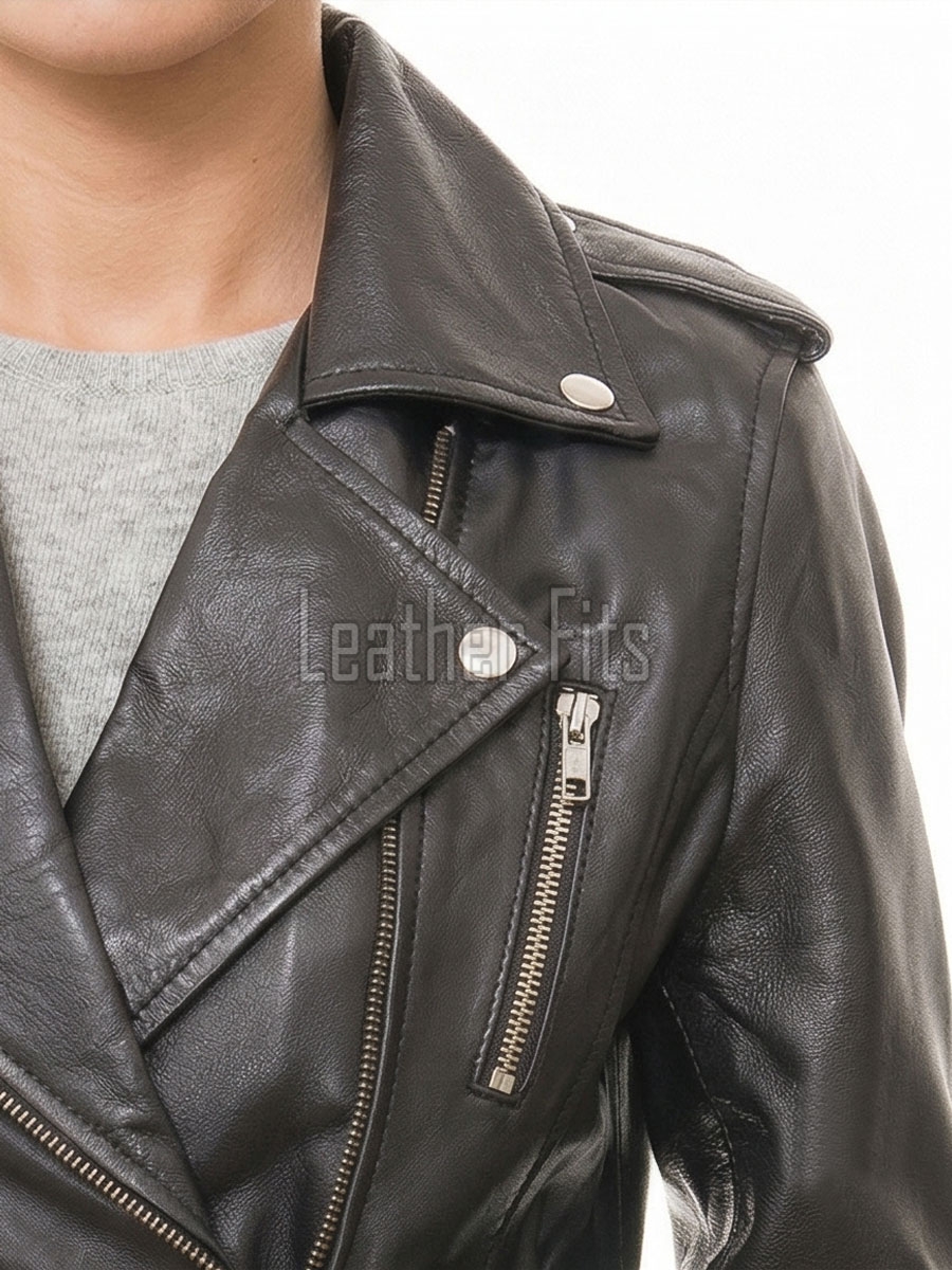 Women's Sumptuous Black Leather Biker Jacket - Slim Fit Asymmetric Genuine Lambskin Motorcycle Classic Cropped Buckle Moto Coat
