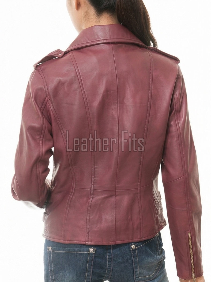 Women's Sumptuous Burgundy Leather Biker Jacket - Slim Fit Asymmetric Genuine Lambskin Motorcycle Premium Cropped Buckled Moto Coat