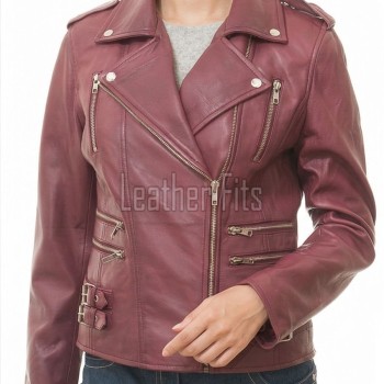 Women's Sumptuous Burgundy Leather Biker Jacket - Slim Fit Asymmetric Genuine Lambskin Motorcycle Premium Cropped Buckled Moto Coat