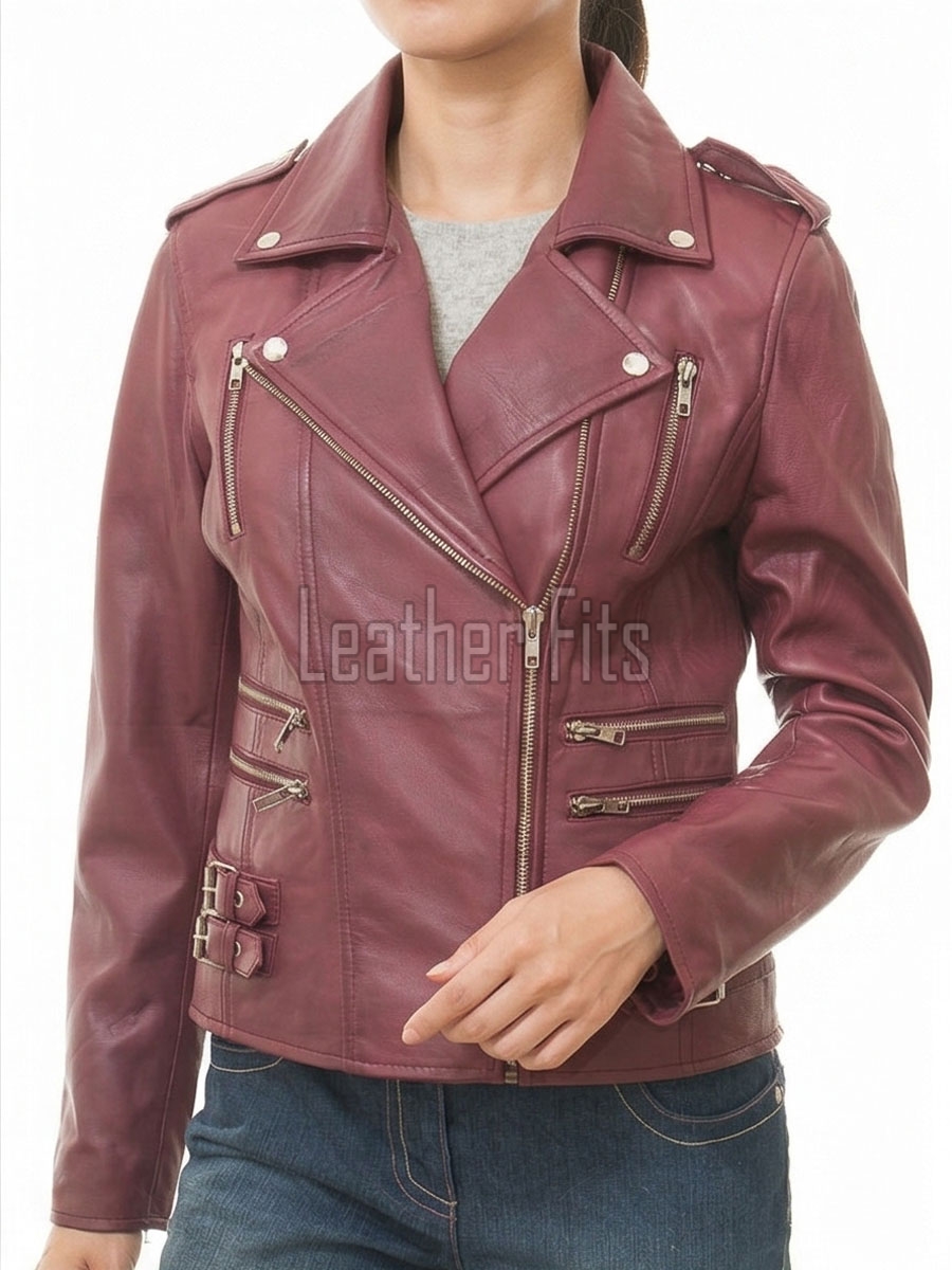 Women's Sumptuous Burgundy Leather Biker Jacket - Slim Fit Asymmetric Genuine Lambskin Motorcycle Premium Cropped Buckled Moto Coat