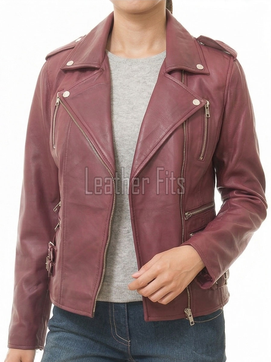Women's Sumptuous Burgundy Leather Biker Jacket - Slim Fit Asymmetric Genuine Lambskin Motorcycle Premium Cropped Buckled Moto Coat