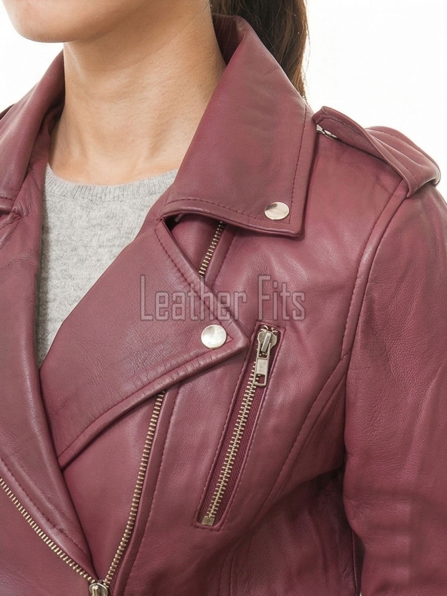 Women's Sumptuous Burgundy Leather Biker Jacket - Slim Fit Asymmetric Genuine Lambskin Motorcycle Premium Cropped Buckled Moto Coat
