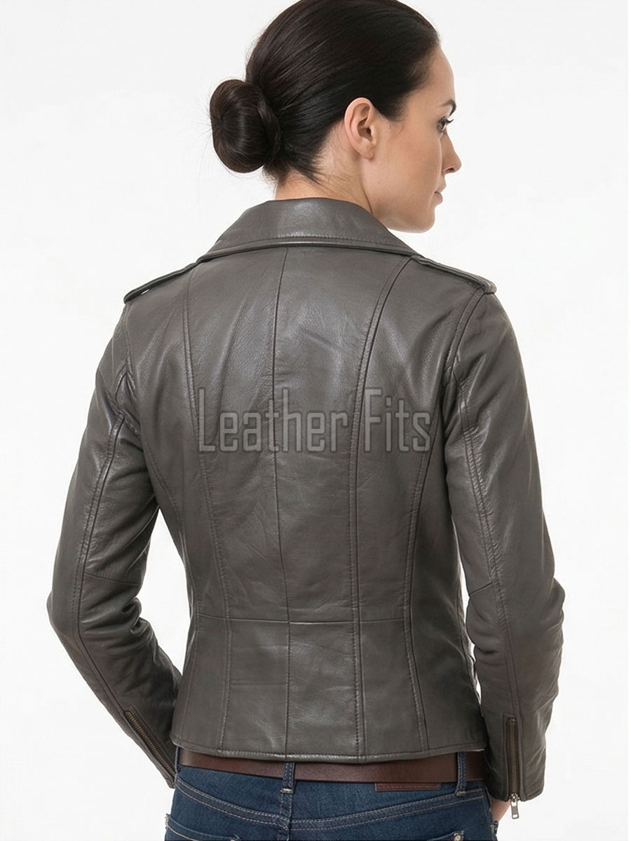 Women's Opulent Grey Leather Biker Jacket - Slim Fit Asymmetric Genuine Lambskin Motorcycle Elite Cropped Quad-Zip Moto Coat