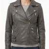Women's Opulent Grey Leather Biker Jacket - Slim Fit Asymmetric Genuine Lambskin Motorcycle Elite Cropped Quad-Zip Moto Coat