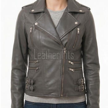 Women's Opulent Grey Leather Biker Jacket - Slim Fit Asymmetric Genuine Lambskin Motorcycle Elite Cropped Quad-Zip Moto Coat
