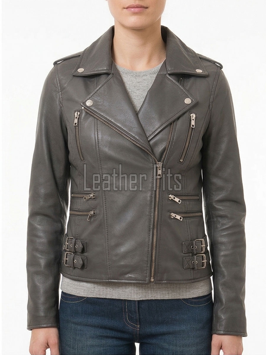 Women's Opulent Grey Leather Biker Jacket - Slim Fit Asymmetric Genuine Lambskin Motorcycle Elite Cropped Quad-Zip Moto Coat