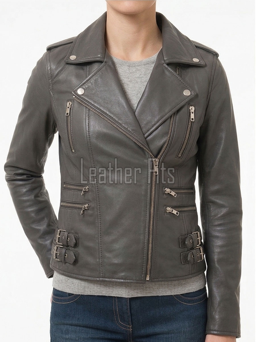 Women's Opulent Grey Leather Biker Jacket - Slim Fit Asymmetric Genuine Lambskin Motorcycle Elite Cropped Quad-Zip Moto Coat