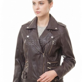 Women's Elite Brown Leather Biker Jacket - Slim Fit Asymmetric Genuine Lambskin Motorcycle Classic Cropped Quad-Zip Moto Coat