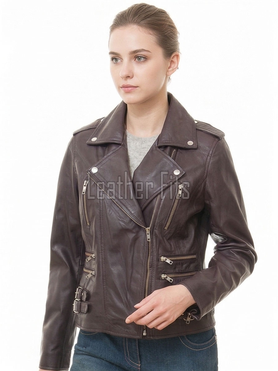 Women's Elite Brown Leather Biker Jacket - Slim Fit Asymmetric Genuine Lambskin Motorcycle Classic Cropped Quad-Zip Moto Coat