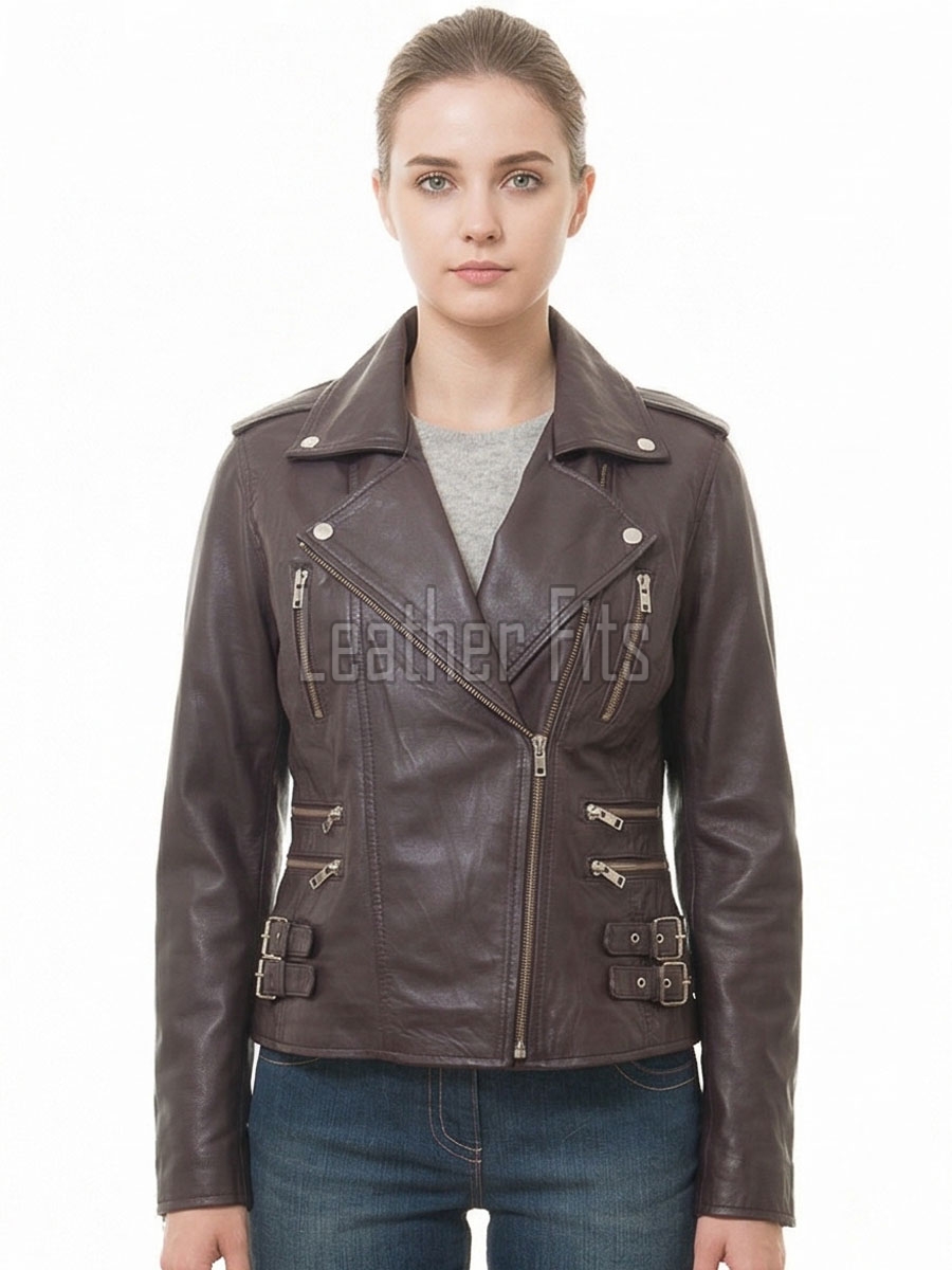 Women's Elite Brown Leather Biker Jacket - Slim Fit Asymmetric Genuine Lambskin Motorcycle Classic Cropped Quad-Zip Moto Coat