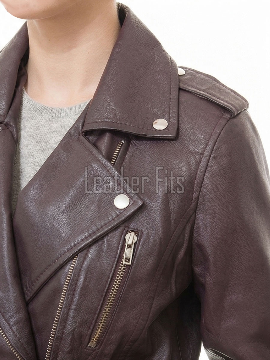 Women's Elite Brown Leather Biker Jacket - Slim Fit Asymmetric Genuine Lambskin Motorcycle Classic Cropped Quad-Zip Moto Coat