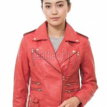 Women's High-End Red Leather Biker Jacket - Slim Fit Asymmetric Genuine Lambskin Motorcycle Classic Cropped Quad-Zip Moto Coat