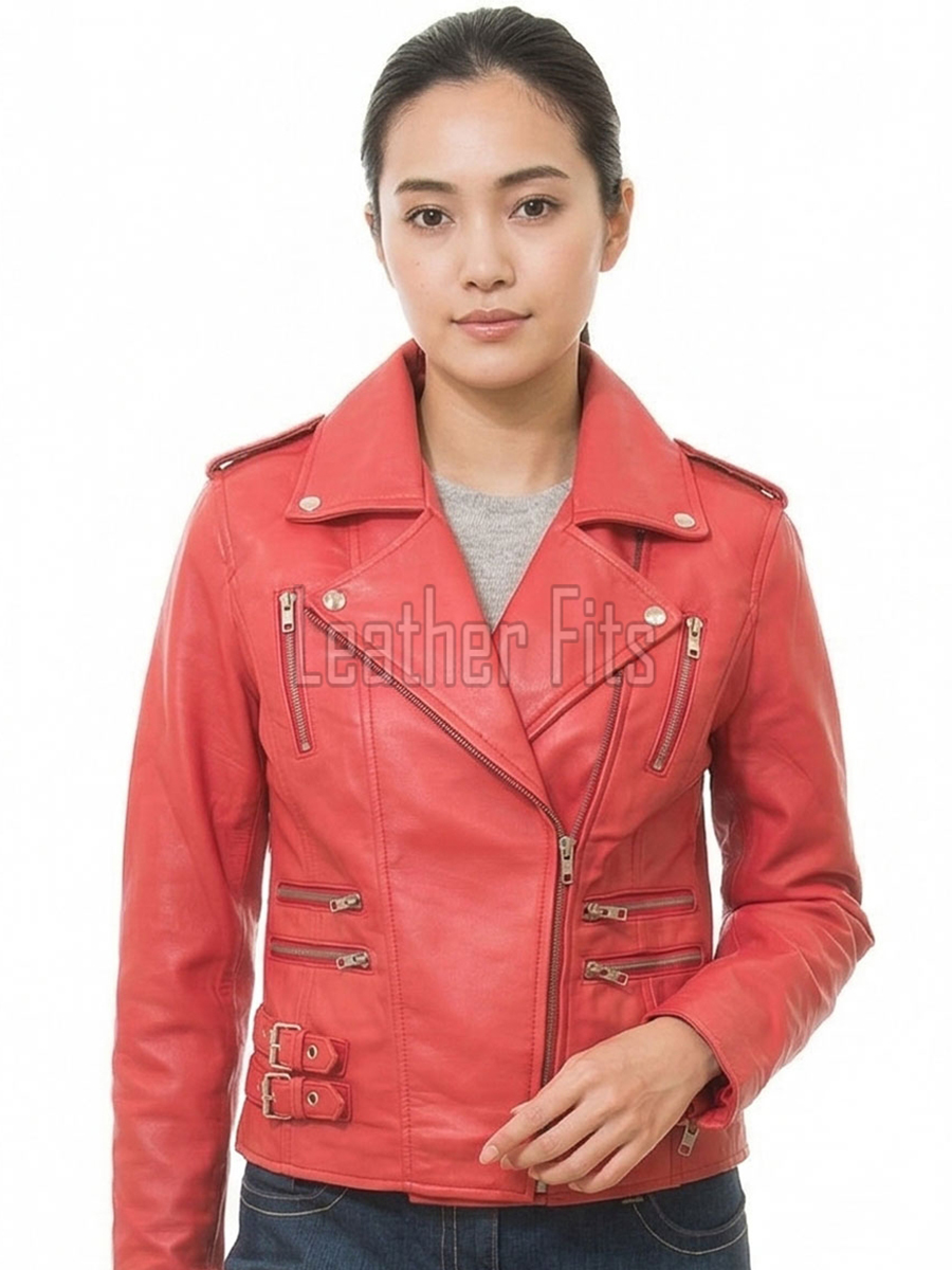 Women's High-End Red Leather Biker Jacket - Slim Fit Asymmetric Genuine Lambskin Motorcycle Classic Cropped Quad-Zip Moto Coat