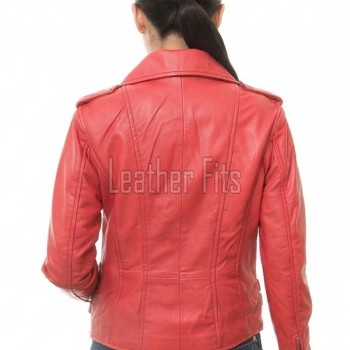 Women's High-End Red Leather Biker Jacket - Slim Fit Asymmetric Genuine Lambskin Motorcycle Classic Cropped Quad-Zip Moto Coat