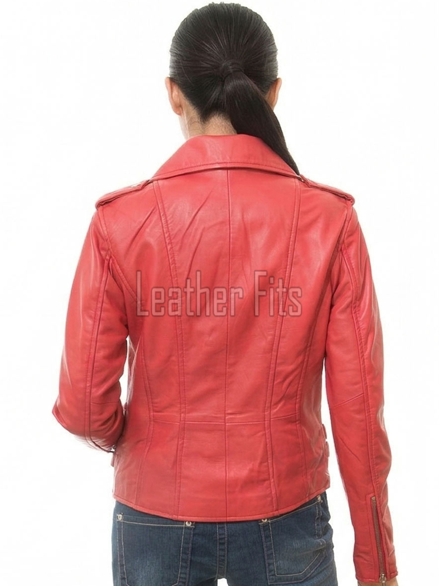 Women's High-End Red Leather Biker Jacket - Slim Fit Asymmetric Genuine Lambskin Motorcycle Classic Cropped Quad-Zip Moto Coat