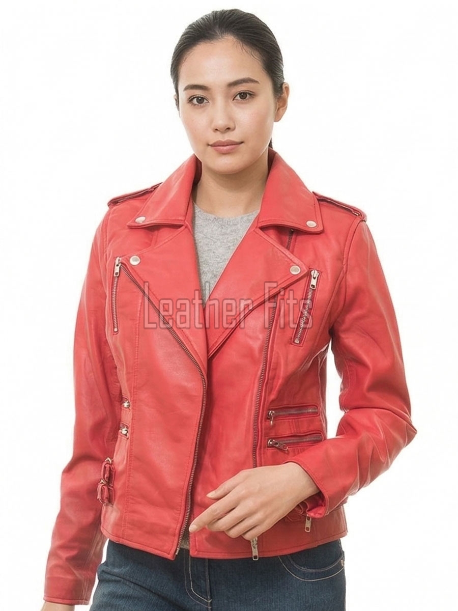 Women's High-End Red Leather Biker Jacket - Slim Fit Asymmetric Genuine Lambskin Motorcycle Classic Cropped Quad-Zip Moto Coat