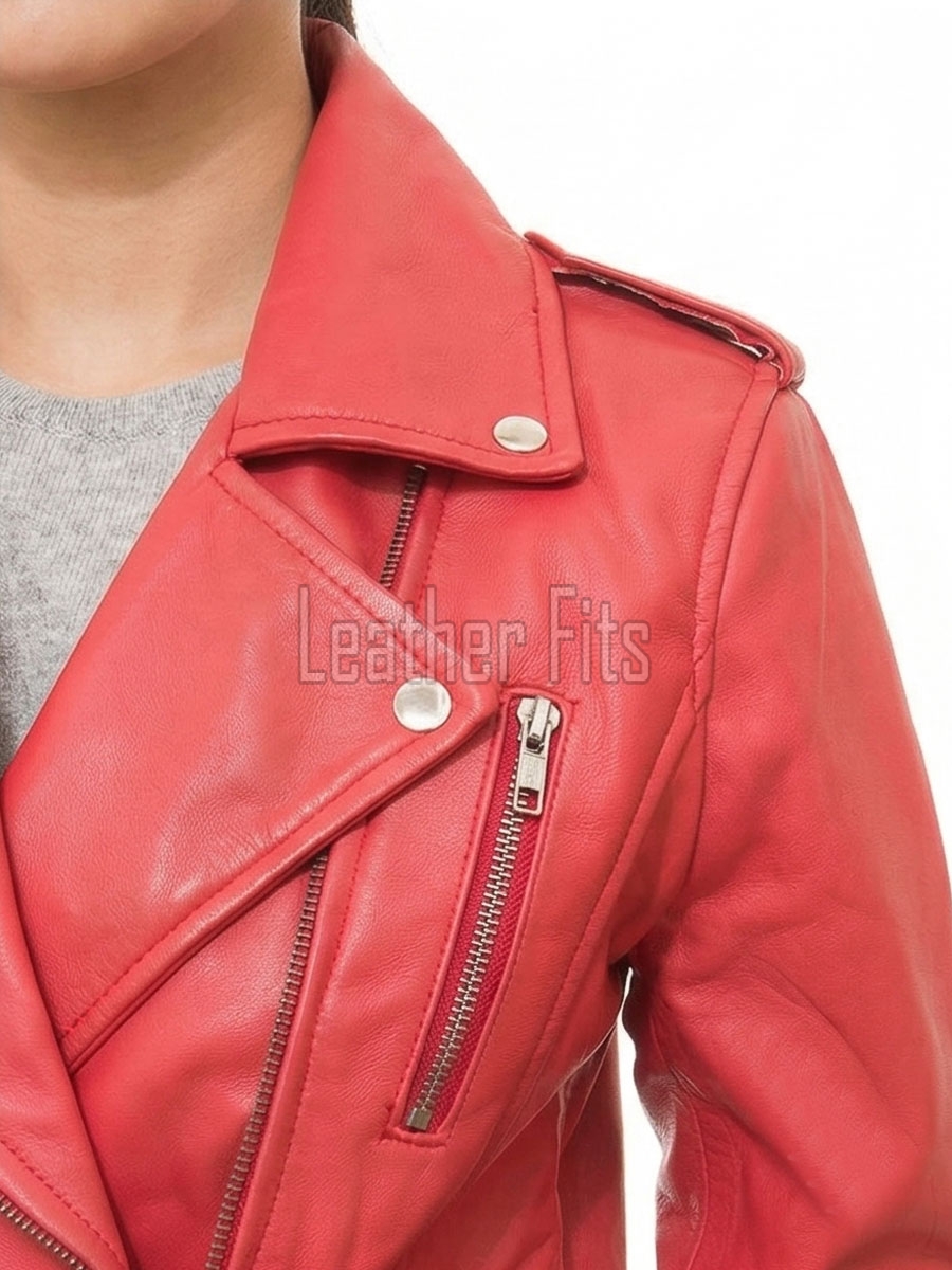 Women's High-End Red Leather Biker Jacket - Slim Fit Asymmetric Genuine Lambskin Motorcycle Classic Cropped Quad-Zip Moto Coat