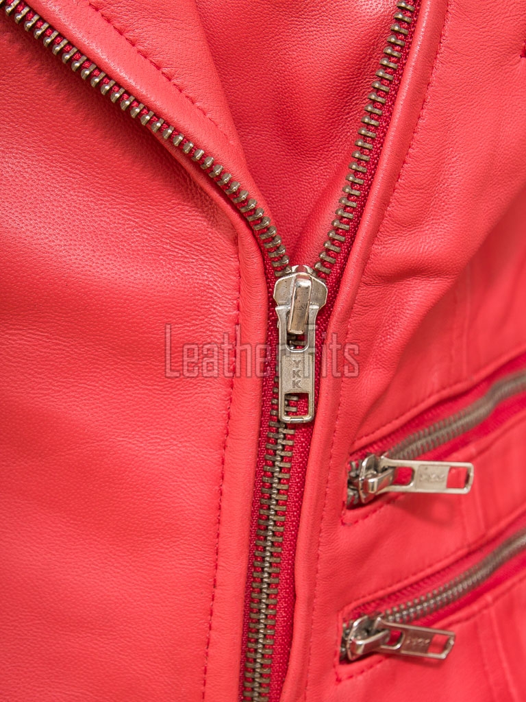 Women's High-End Red Leather Biker Jacket - Slim Fit Asymmetric Genuine Lambskin Motorcycle Classic Cropped Quad-Zip Moto Coat