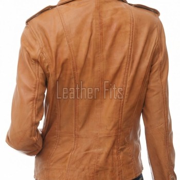 Women's Sumptuous Tan Leather Biker Jacket - Slim Fit Asymmetric Genuine Lambskin Motorcycle Classic Cropped Quad-Zip Moto Coat