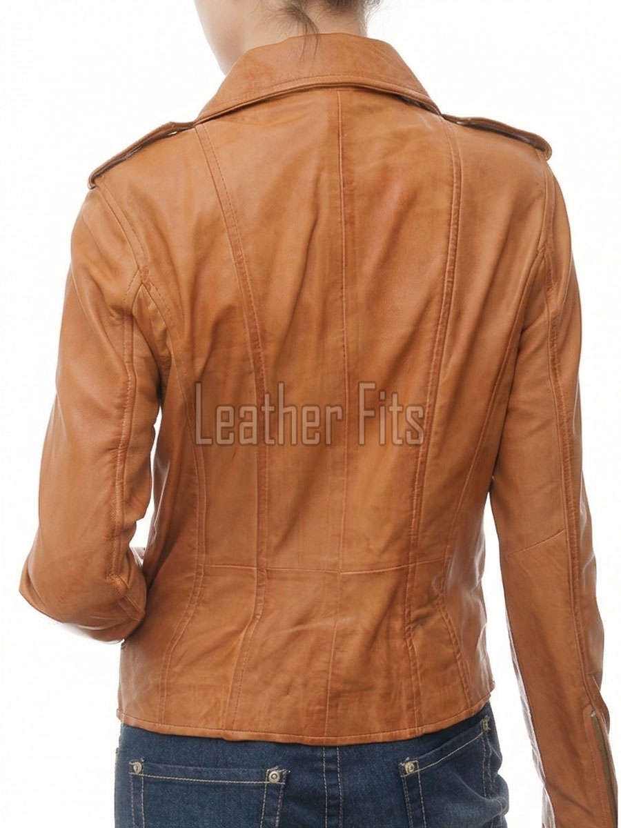Women's Sumptuous Tan Leather Biker Jacket - Slim Fit Asymmetric Genuine Lambskin Motorcycle Classic Cropped Quad-Zip Moto Coat