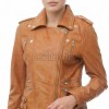 Women's Sumptuous Tan Leather Biker Jacket - Slim Fit Asymmetric Genuine Lambskin Motorcycle Classic Cropped Quad-Zip Moto Coat