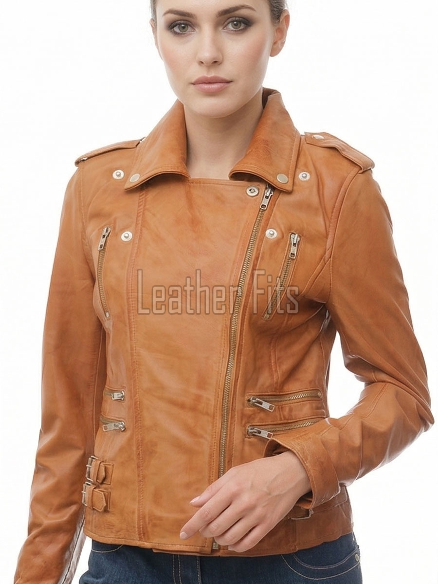 Women's Sumptuous Tan Leather Biker Jacket - Slim Fit Asymmetric Genuine Lambskin Motorcycle Classic Cropped Quad-Zip Moto Coat
