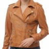 Women's Sumptuous Tan Leather Biker Jacket - Slim Fit Asymmetric Genuine Lambskin Motorcycle Classic Cropped Quad-Zip Moto Coat