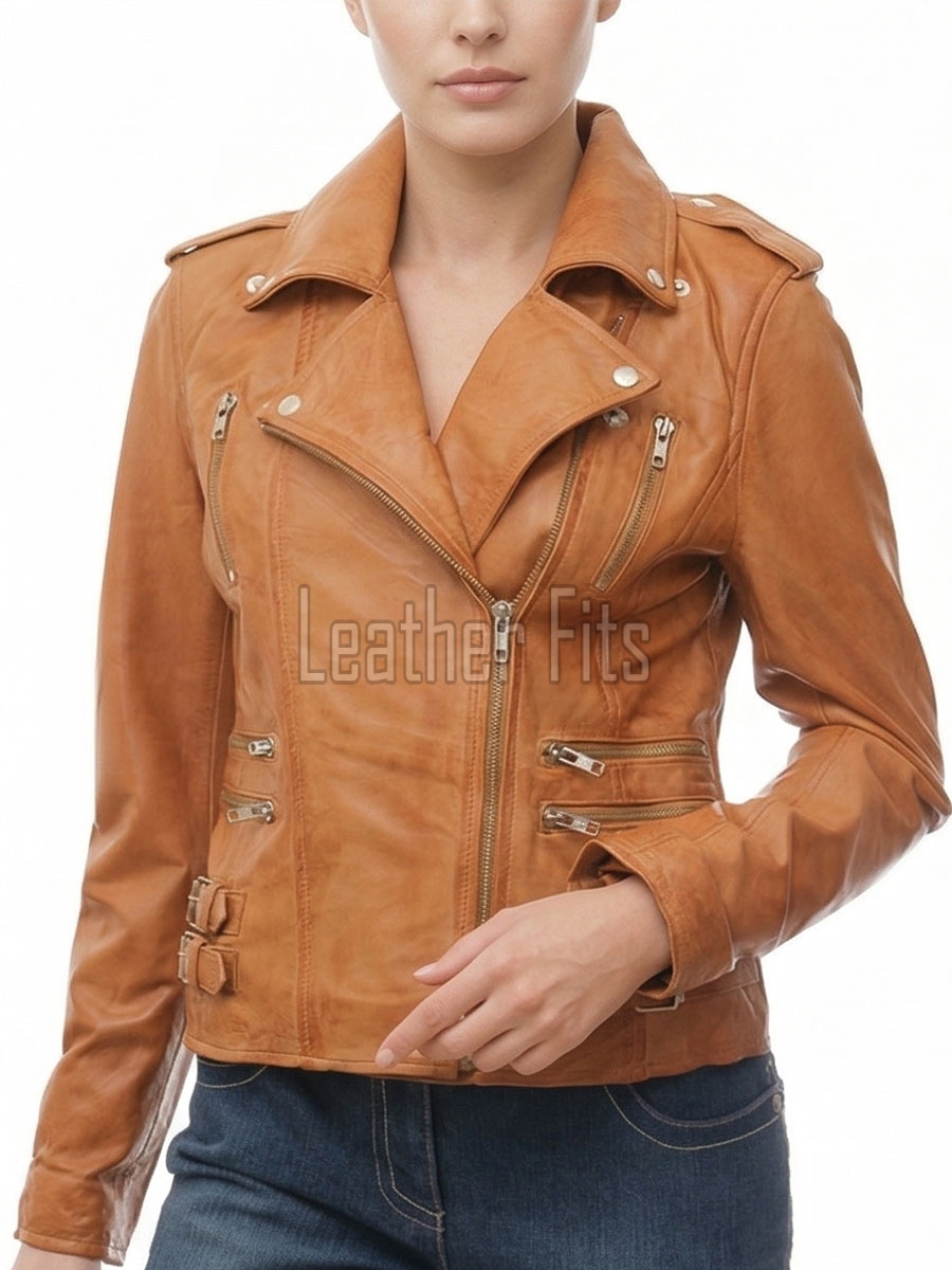 Women's Sumptuous Tan Leather Biker Jacket - Slim Fit Asymmetric Genuine Lambskin Motorcycle Classic Cropped Quad-Zip Moto Coat