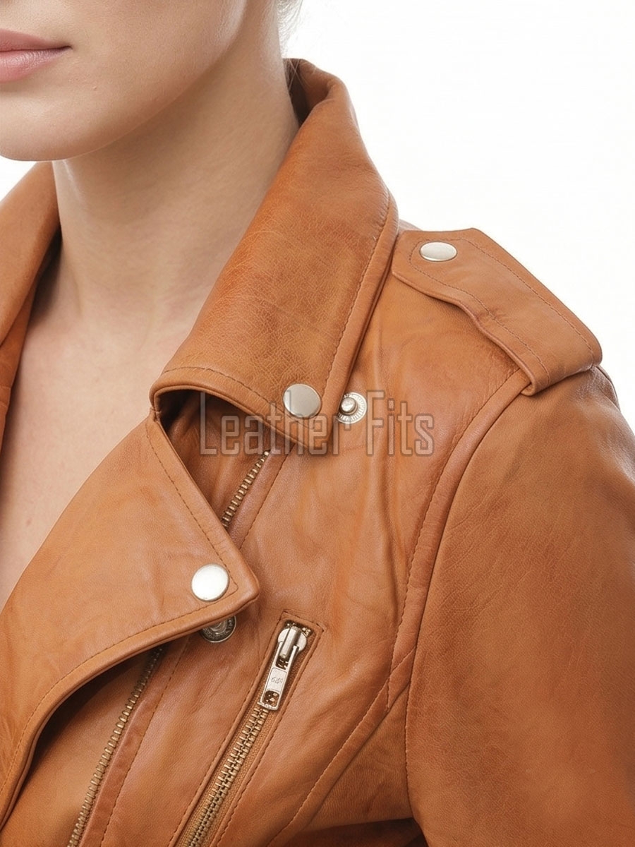 Women's Sumptuous Tan Leather Biker Jacket - Slim Fit Asymmetric Genuine Lambskin Motorcycle Classic Cropped Quad-Zip Moto Coat