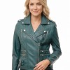 Women's Opulent Green Leather Biker Jacket - Slim Fit Asymmetric Genuine Lambskin Motorcycle Classic Cropped Quad-Zip Moto Coat