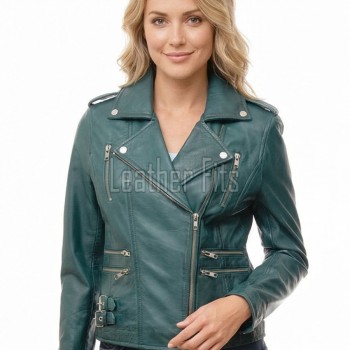 Women's Opulent Green Leather Biker Jacket - Slim Fit Asymmetric Genuine Lambskin Motorcycle Classic Cropped Quad-Zip Moto Coat