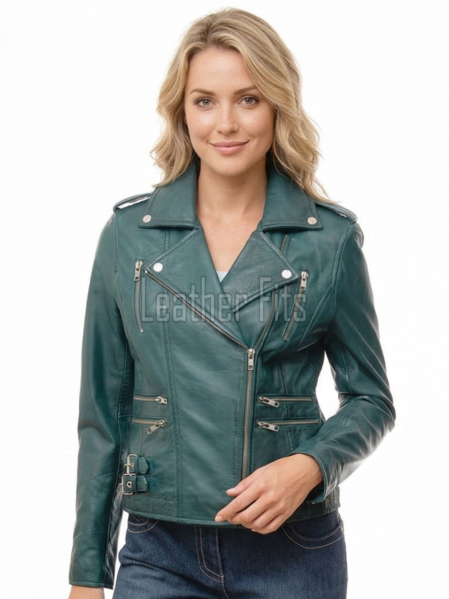 Women's Opulent Green Leather Biker Jacket - Slim Fit Asymmetric Genuine Lambskin Motorcycle Classic Cropped Quad-Zip Moto Coat