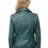 Women's Opulent Green Leather Biker Jacket - Slim Fit Asymmetric Genuine Lambskin Motorcycle Classic Cropped Quad-Zip Moto Coat