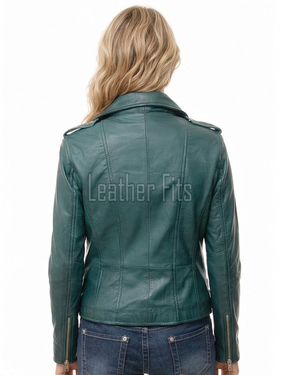Women's Opulent Green Leather Biker Jacket - Slim Fit Asymmetric Genuine Lambskin Motorcycle Classic Cropped Quad-Zip Moto Coat