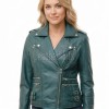 Women's Opulent Green Leather Biker Jacket - Slim Fit Asymmetric Genuine Lambskin Motorcycle Classic Cropped Quad-Zip Moto Coat