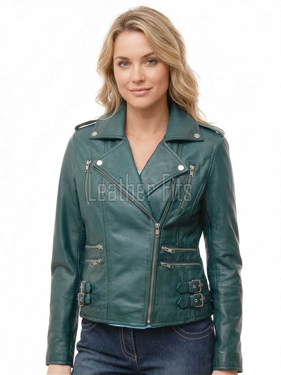 Women's Opulent Green Leather Biker Jacket - Slim Fit Asymmetric Genuine Lambskin Motorcycle Classic Cropped Quad-Zip Moto Coat
