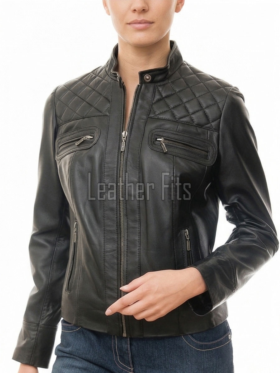 Women's Summit Luxury Black Leather Biker Jacket - Slim Fit Diamond Quilted Genuine Lambskin Classic Cafe Racer Chic Moto Coat