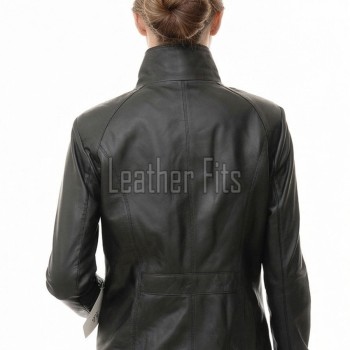 Women's Verve Luxury Black Leather Biker Jacket - Slim Fit Genuine Lambskin High Funnel Neck Minimalist Sleek Concealed Zip Rider Coat