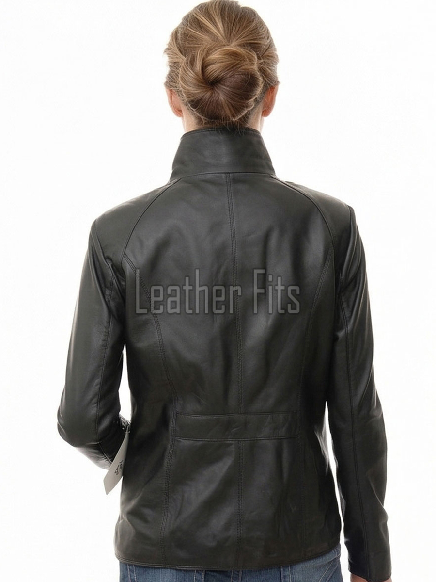 Women's Verve Luxury Black Leather Biker Jacket - Slim Fit Genuine Lambskin High Funnel Neck Minimalist Sleek Concealed Zip Rider Coat