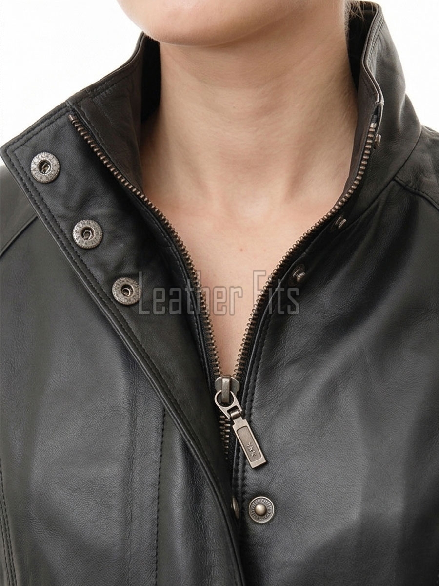 Women's Verve Luxury Black Leather Biker Jacket - Slim Fit Genuine Lambskin High Funnel Neck Minimalist Sleek Concealed Zip Rider Coat