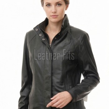 Women's Verve Luxury Black Leather Biker Jacket - Slim Fit Genuine Lambskin High Funnel Neck Minimalist Sleek Concealed Zip Rider Coat
