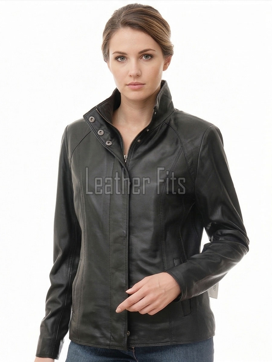 Women's Verve Luxury Black Leather Biker Jacket - Slim Fit Genuine Lambskin High Funnel Neck Minimalist Sleek Concealed Zip Rider Coat