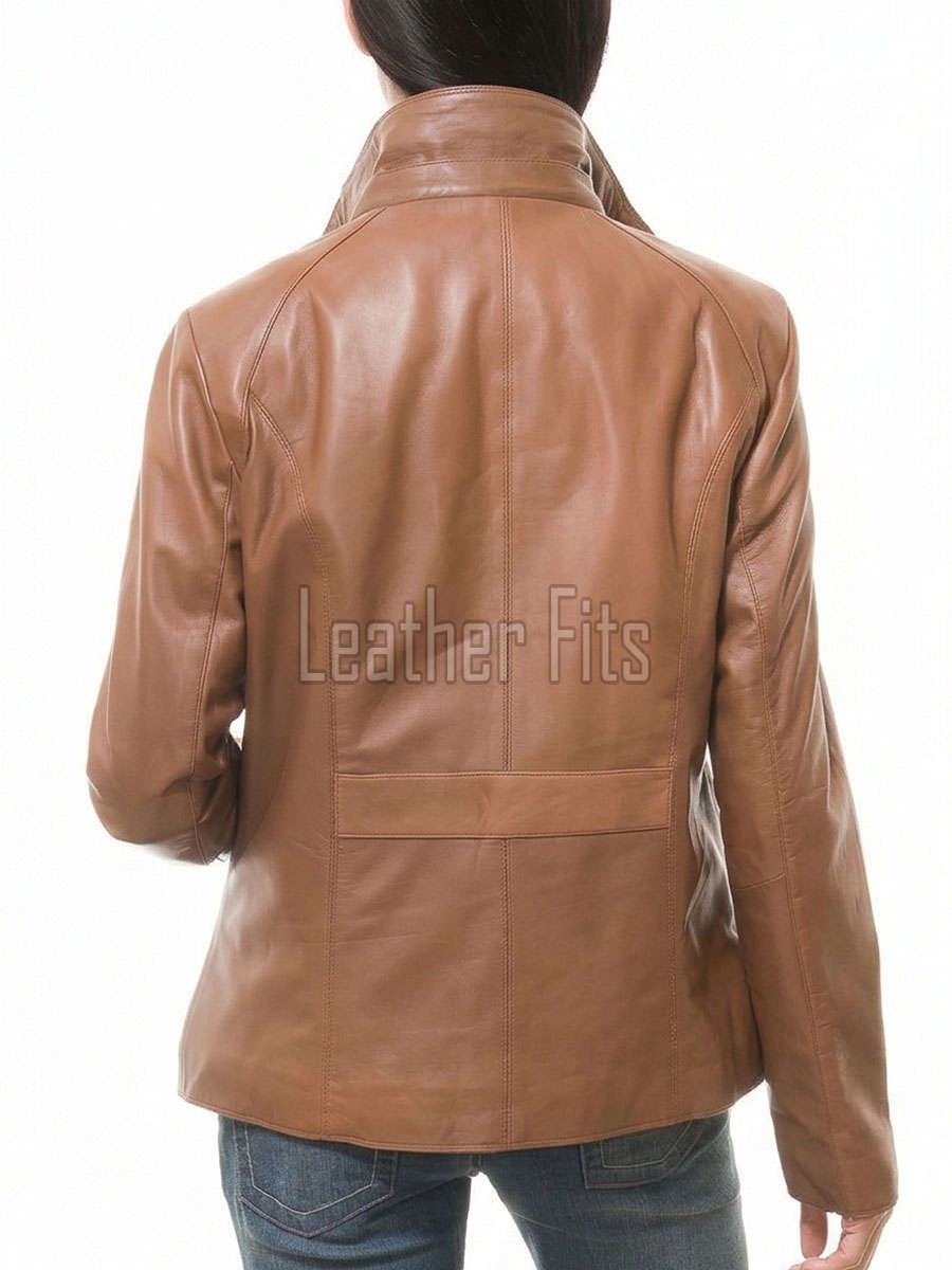 Women's Aura Luxury Tan Leather Biker Jacket - Slim Fit Genuine Lambskin High Funnel Neck Minimalist Sleek Concealed Zip Rider Coat